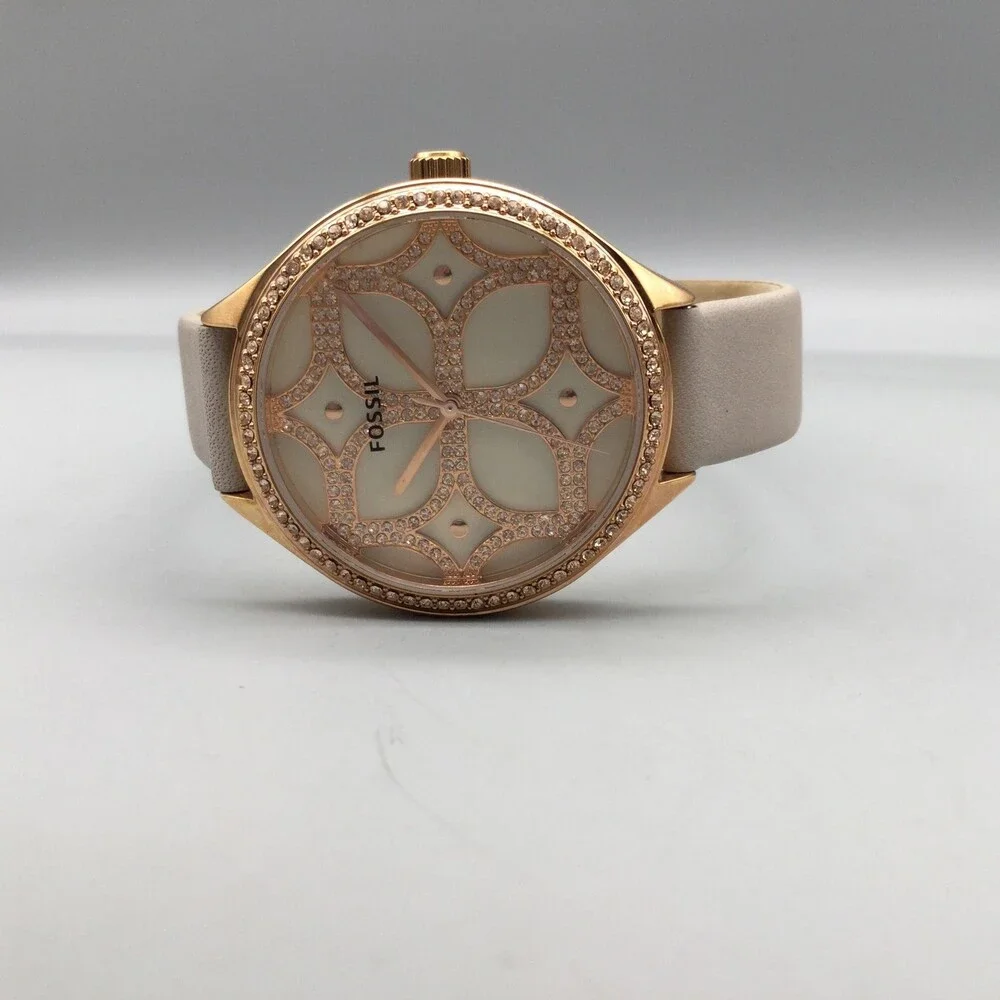 Fossil BQ3533 Womens Watch 36mm Cream Dial Beige Leather Crystals New Battery